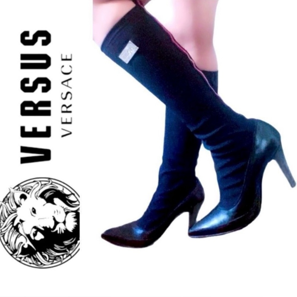 Versus By Versace Black And Magenta Calf Leather Heels Sock Boots Women’s Size 9